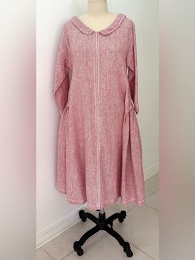 Meg by Design Linen Midi Dress Red and White Pin Striped Long Sleeves Relaxed S